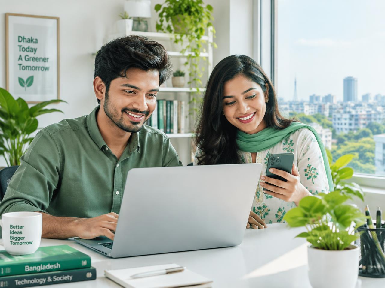 ল্যাপটপ ও মোবাইলে অনলাইন কাজ করছেন দুজন বাংলাদেশি তরুণ